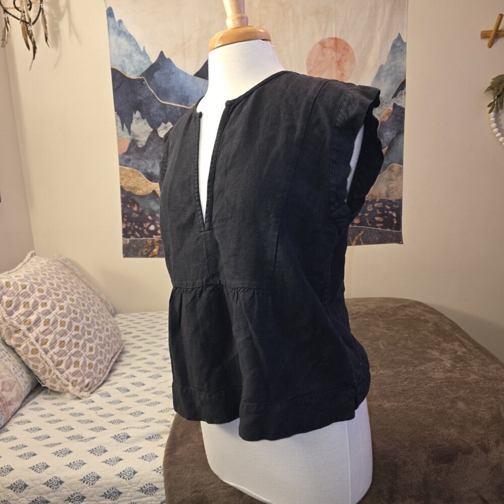 AG Adriano Goldschmied Trista Black Linen Chambray Notch V-Neck Blouse Small - Picture 8 of 14